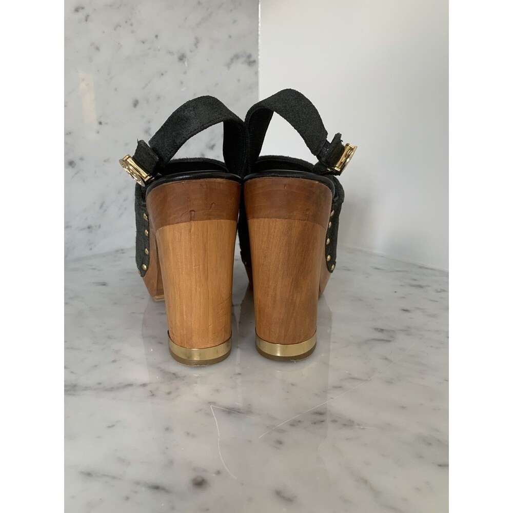 Tory Burch Blue Suede Sz 8 Logo Studded Slingback Wooden Heels Clogs - Picture 3 of 8